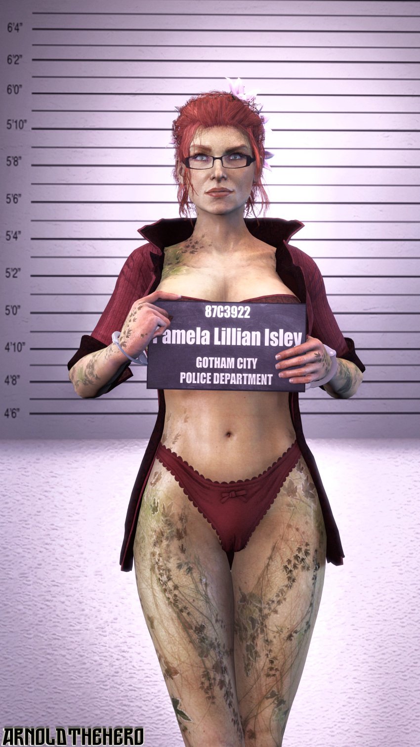 1girls 3d 3d_(artwork) arnoldthehero batman:_arkham_knight batman_(series) big_breasts dc dc_comics eyewear female female_only glasses green_skin lingerie mugshot pamela_isley panties poison_ivy poison_ivy_(arkham) poison_ivy_(arkham_knight) police red_hair sfm solo source_filmmaker tagme thong