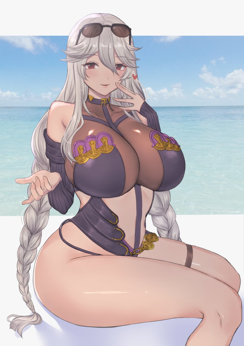 bare_hips bare_shoulders beach braid breasts cleavage clothing_cutout curvy detached_sleeves elbow_gloves eyewear_on_head female from_side gloves granblue_fantasy halterneck hand_up heart huge_breasts impossible_clothes large_breasts magisa_(granblue_fantasy) moshoko_(mizuneroku) navel_cutout plump seductive_smile see-through silver_hair sitting smile sunglasses swimsuit thick_thighs thigh_strap thighs twin_braids twintails