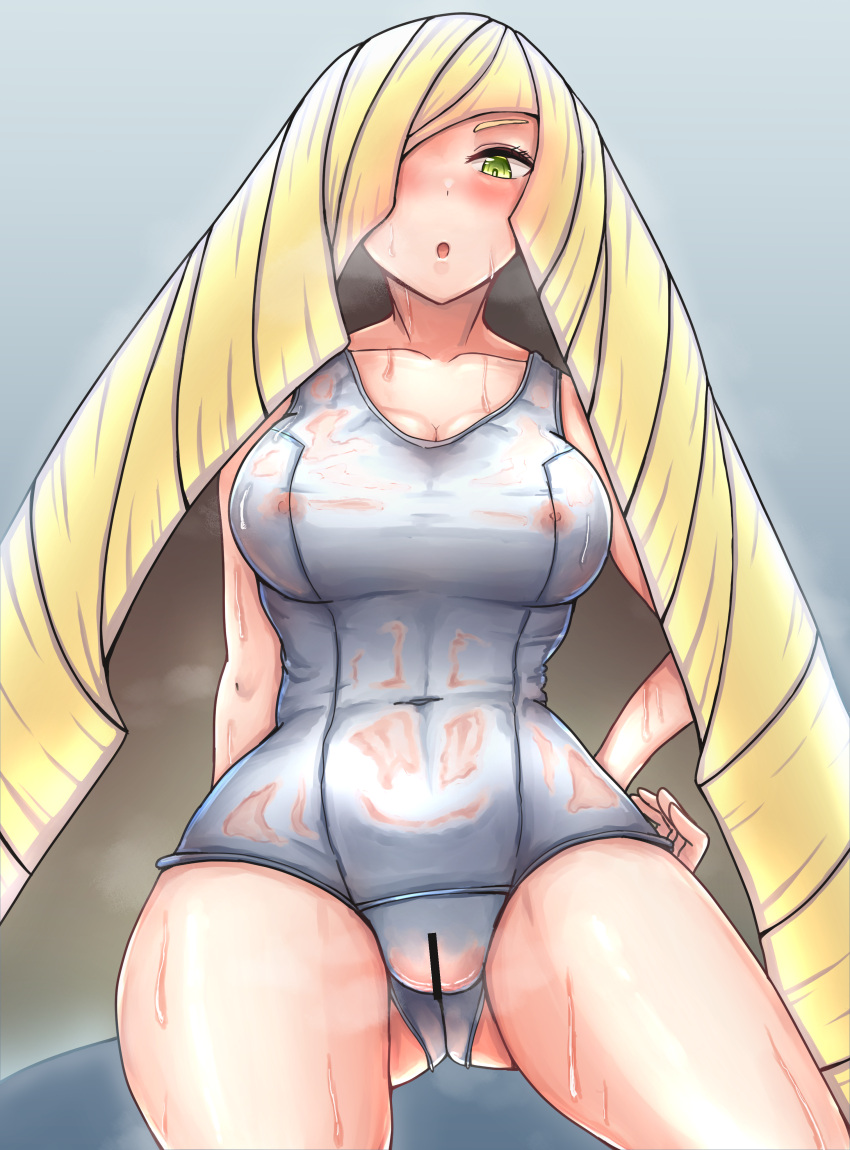 1girls ass ass_visible_through_thighs blonde_hair blush breasts censor_bar erect_nipples female female_only game_freak green_eyes hair hair_over_one_eye huge_breasts large_breasts long_hair lucienroseta lusamine_(pokemon) mature mature_female mature_woman milf mother nipples nipples_visible_through_clothing pokemon pokemon_sm solo solo_female sweat sweatdrop wet wet_body wet_clothes