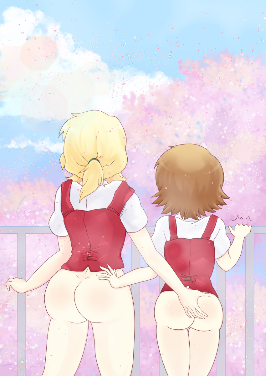 2girls ass ass_grab blonde_hair brown_hair dard_drak from_behind hidamari_sketch long_hair medium_hair miyako multiple_girls no_panties sakura_tree tree yuno yuri