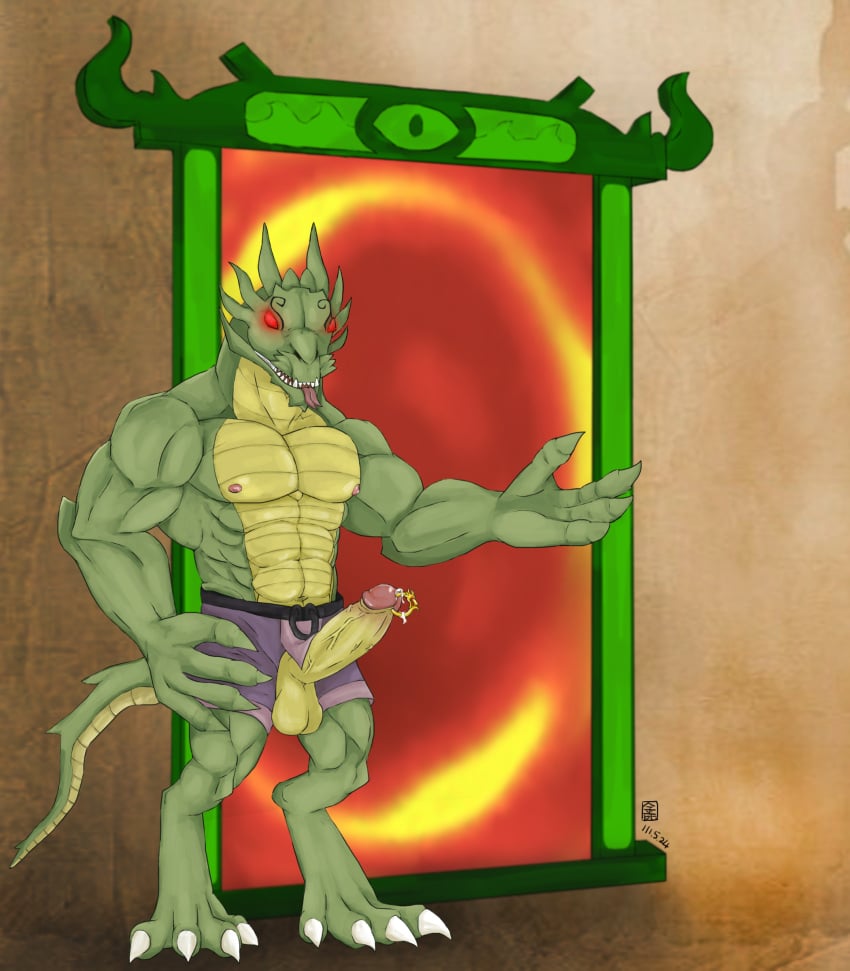 abs absurd_res accessory anthro anthro_only biceps big_penis bodily_fluids bottomwear clothing cock_ring demon door dragon erection feral forked_tongue gdrzhuowolf genitals hi_res jackie_chan_adventures jewelry looking_at_viewer male muscular nude penis penis_accessory penis_jewelry red_eyes shendu smile solo tongue