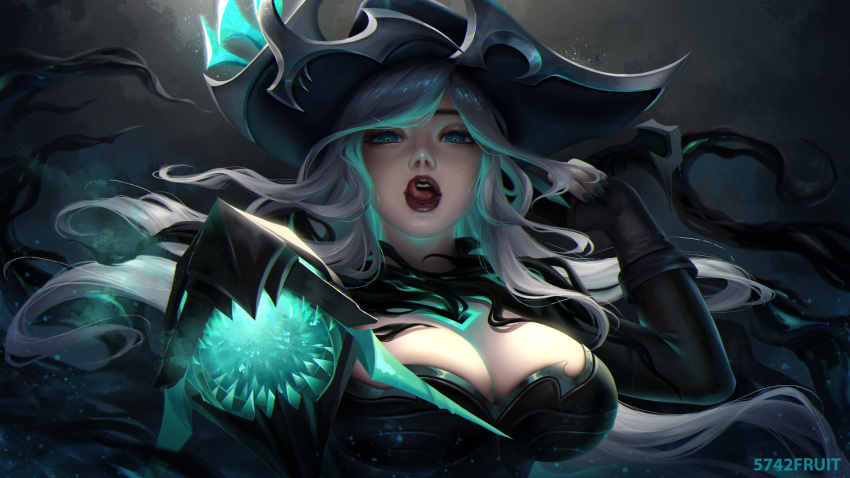 1girls 2021 alternate_costume big_breasts cleavage female_only gloves gun hat hi_res league_of_legends licking_lips lipstick looking_at_viewer miss_fortune ruined_miss_fortune skindentation solo starfruit wallpaper white_hair