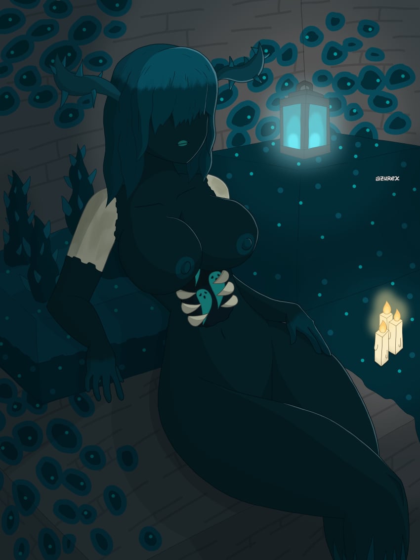 azurexarts bedroom_eyes blue_fur blue_skin dark-skinned_female dark_blue_hair dark_skin female horns long_hair minecraft minecraft_mob monster monster_girl nude thick_thighs warden_(minecraft) warden_woman_(minecraft)