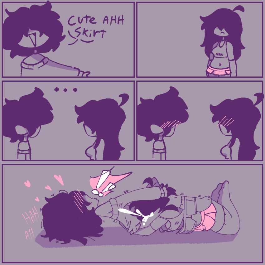 1boy 1girls 5_panel_comic artist_request black_hair blowjob bottom_male comic cum emo eyes_covered fellatio female femboy femboy_on_female femboysub femdom feminine_male hair_over_eyes male malesub midriff moaning oc oral original_character original_characters pink pink_skirt plush semen straight