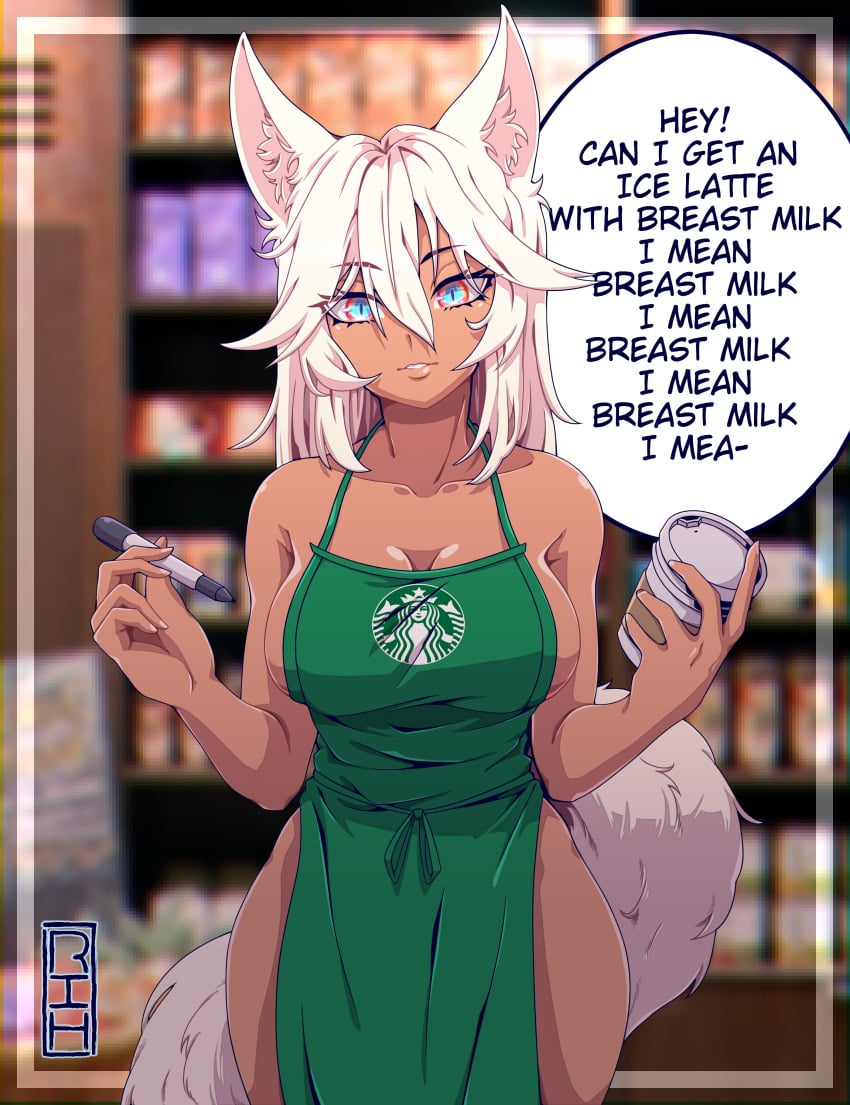 2021 animal_ears borrowed_character breasts cleavage commission english_text fox_ears fox_tail gradient_eyes i_mean_breast_milk large_breasts long_hair looking_at_viewer multicolored_eyes naked_apron nude rilima_h standing starbucks tagme tail text thighs white_hair