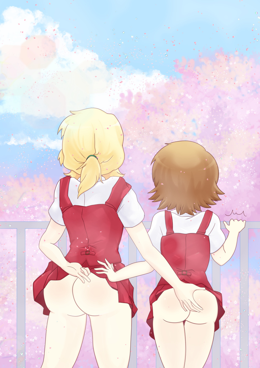 2girls ass ass_grab blonde_hair brown_hair clothes_lift dard_drak from_behind hidamari_sketch long_hair medium_hair miyako multiple_girls no_panties sakura_tree skirt skirt_lift tree yuno yuri