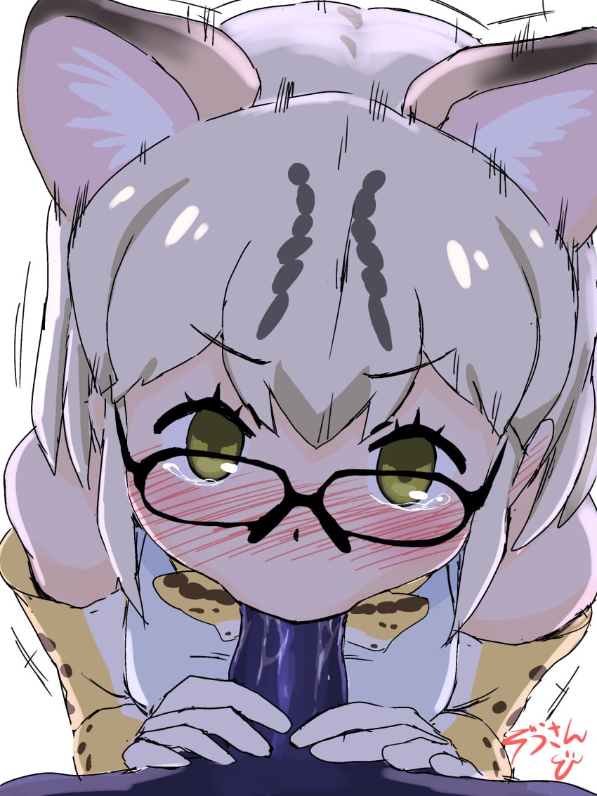 1boy animal_ear_fluff animal_ears animal_print blush bow bowtie cat_girl cat_tail cellien_(kemono_friends) clothed_female_nude_male clothing determined elbow_gloves extra_ears eyebrows_visible_through_hair fellatio female female female_focus frown gloves green_eyes groping hand_on_penis hands_on_penis high_resolution kemono_friends looking_at_viewer male male_pov margay_(kemono_friends) margay_print masuyama_ryou megane motion_lines multicolored_hair nekomimi nude nude_male oral penis penis_grab pov print_gloves print_legwear saliva saliva_on_penis short_hair simple_background solo_focus straight tail tearing_up tears tekoki uncensored very_high_resolution white_background