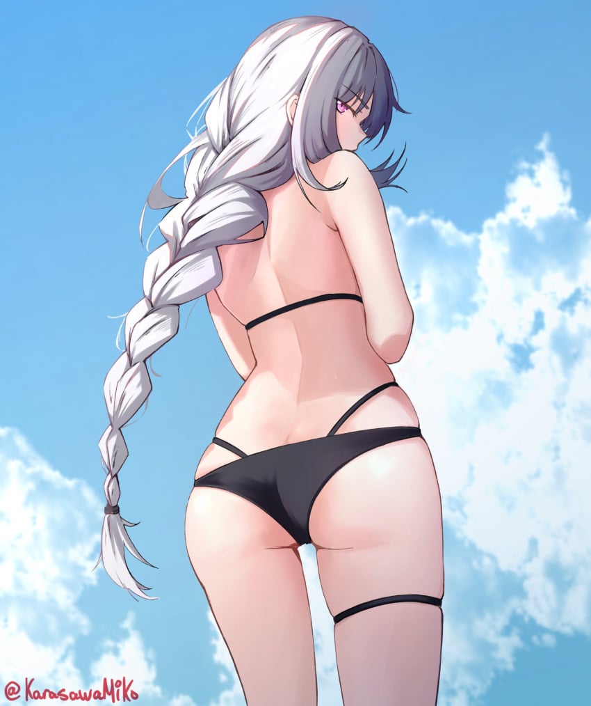 ass back_view bikini braid braided_hair braided_ponytail from_behind nijisanji nijisanji_en purple_eyes reimu_endou sky thighs virtual_youtuber white_hair