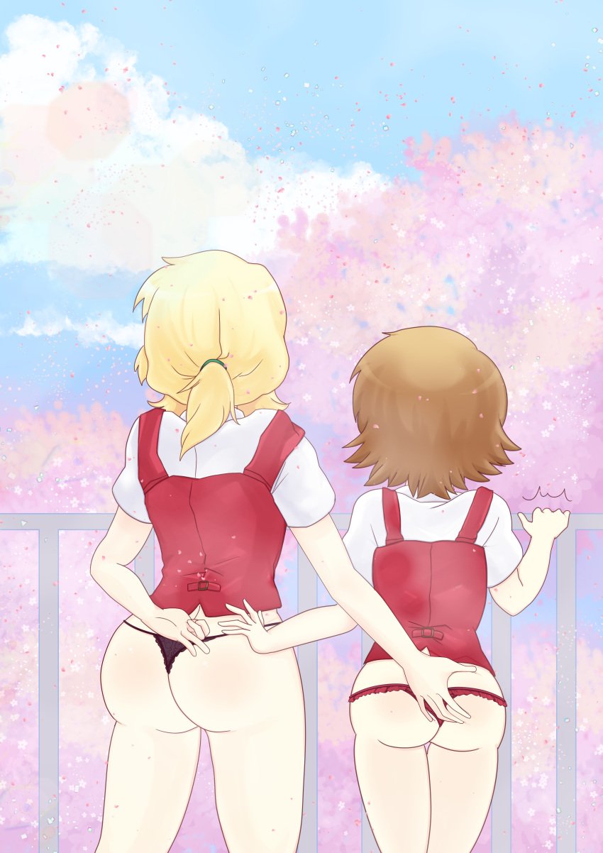 2girls ass ass_grab black_panties blonde_hair brown_hair dard_drak from_behind hidamari_sketch long_hair medium_hair miyako multiple_girls panties red_panties sakura_tree thong tree underwear yuno yuri