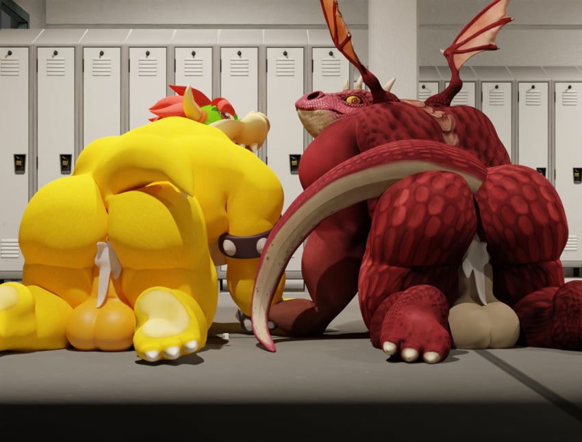 2021 2boys 3d_(artwork) albalbalb anthro anus ass ass_focus balls bodily_fluids bowser cum cum_in_ass cum_inside cum_on_anus digital_media_(artwork) dragon duo feet gay genital_fluids genitals giana_sisters gurglewocky_(giana_sisters) horn koopa locker locker_room looking_back male male/male mario_(series) musclegut muscular muscular_anthro muscular_male nintendo raised_tail rear_view scalie video_games wings