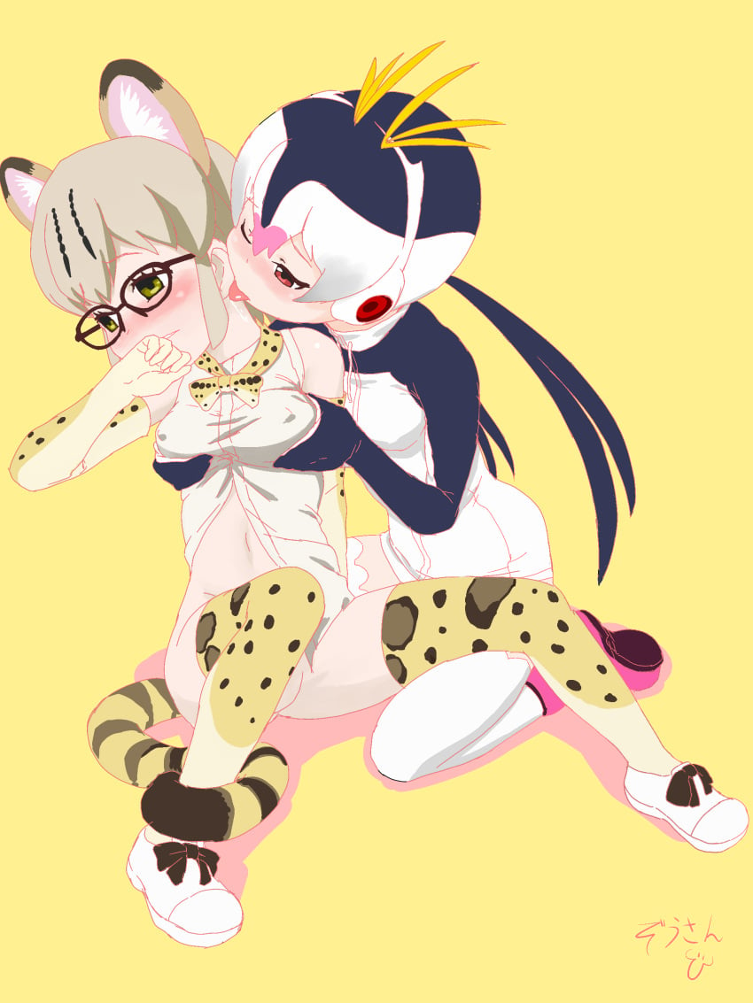 2girls animal_ears blonde_hair blush bow breast_grab breasts cat_ear cat_girl cat_tail clothing covering_mouth duo ear_licking elbow_gloves embarrassed erect_nipples erect_nipples_under_clothes female female_only full_body gloves green_eyes groping groping_through_clothes headphones high_resolution jacket kemono_friends licking looking_to_the_side margay_(kemono_friends) masuyama_ryou megane mittens multicolored_hair multiple_girls navel nekomimi nipples no_skirt open_clothes open_shirt partially_clothed pink_shoes red_eyes royal_penguin_(kemono_friends) saliva shirt shoes sitting sleeveless sleeveless_shirt spotted_bow spotted_legwear squatting streaked_hair tail tail_wrap thighhighs tongue tongue_out two-tone_hair undressing very_high_resolution white_legwear yellow_background yuri