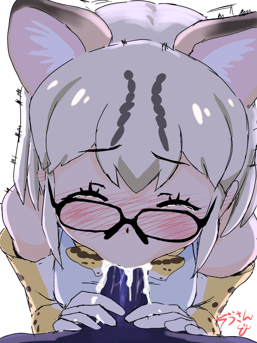 1boy animal_ear_fluff animal_ears animal_print blush bow bowtie cat_girl cat_tail cellien_(kemono_friends) closed_mouth clothed_female_nude_male clothing dripping dripping_semen ejaculating_in_mouth ejaculation elbow_gloves extra_ears eyebrows_visible_through_hair fellatio female female_focus gloves gokkun groping hand_on_penis hands_on_penis high_resolution kemono_friends male male_pov margay_(kemono_friends) margay_print masuyama_ryou megane motion_lines multicolored_hair nekomimi nude nude_male oral orgasm penis penis_grab pov print_gloves print_legwear saliva saliva_on_penis semen semen_in_mouth short_hair simple_background solo_focus straight tail tearing_up tears tekoki trembling uncensored very_high_resolution white_background