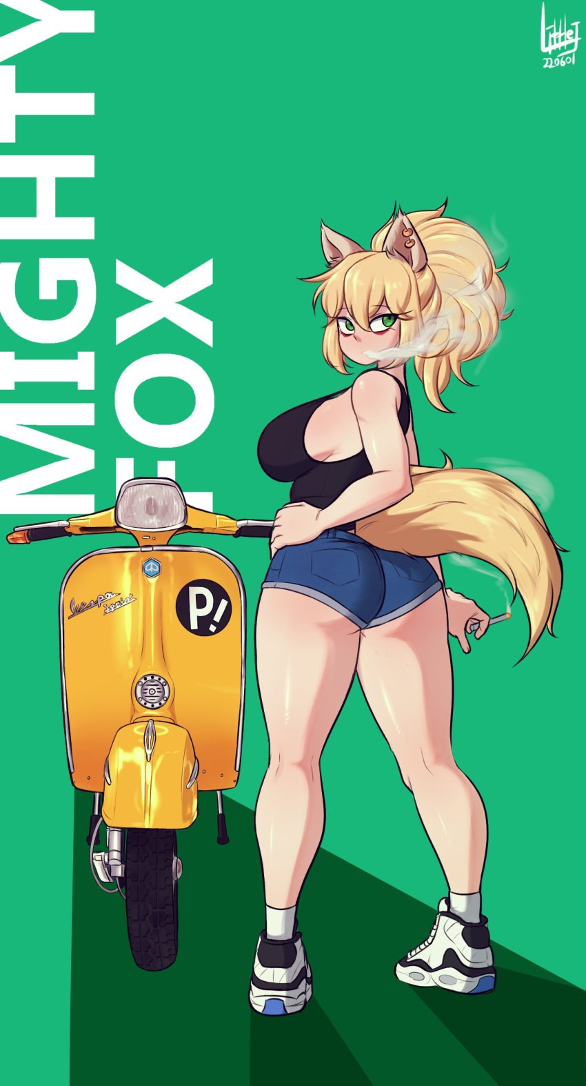 1girls big_ass big_breasts blonde blonde_hair booty_shorts breasts cigarette clothed_female clothing ear_piercing eyebrows_visible_through_hair female flcl footwear fox_ears fox_girl fox_tail fully_clothed green_eyes kemonomimi light-skinned_female light_skin littlej_(zi19191) pale_skin scooter shorts smoking sneakers solo solo_female tagme tail vehicle vespa_(vehicle)