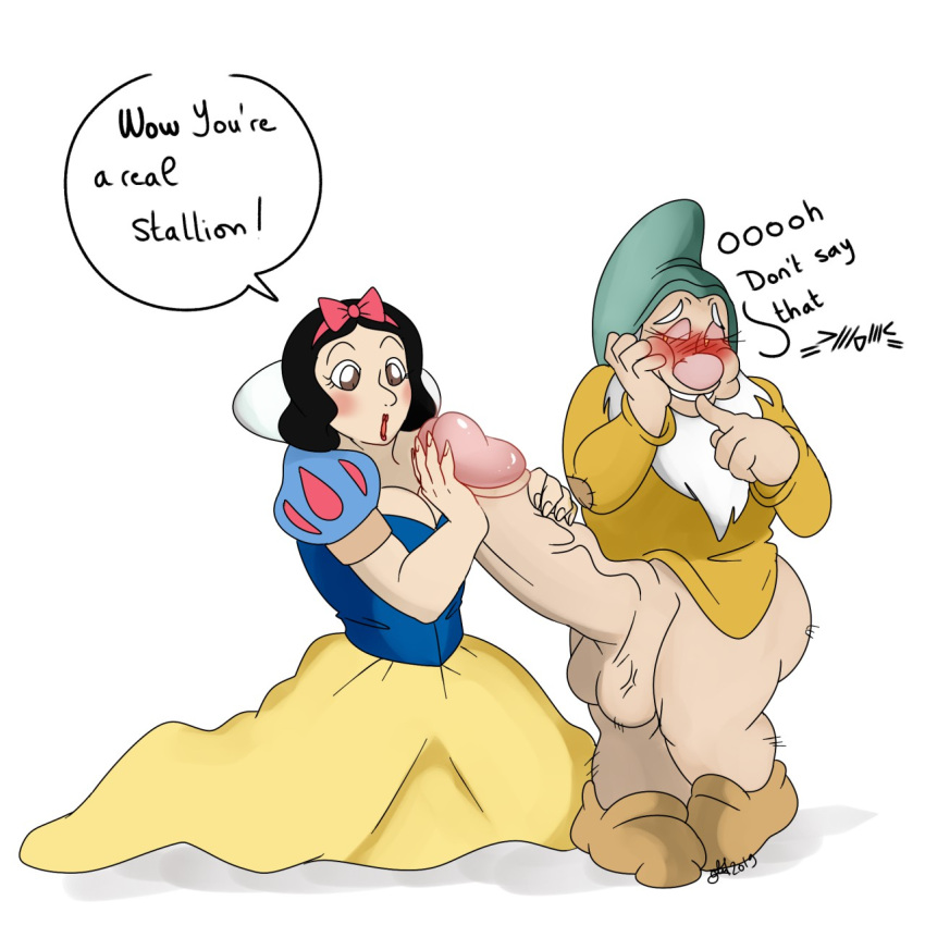 age_difference bashful_(snow_white) beard black_hair brown_eyes disney disney_princess dwarf embarrassed english_text eyelashes hat hyper_penis nelsonnoir penis snow_white_(disney) snow_white_and_the_seven_dwarfs testicles veiny_penis white_hair