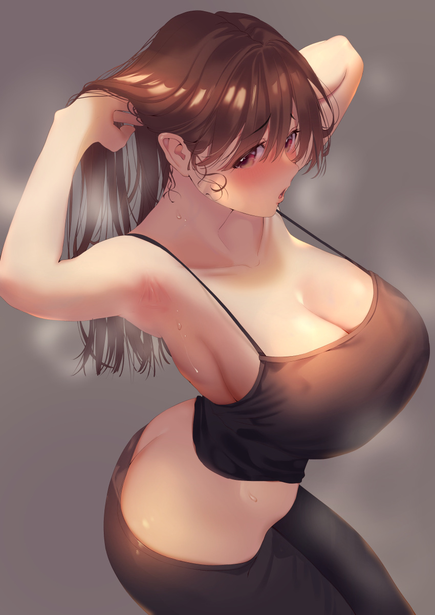 absurdres adjusting_hair armpits arms_behind_head ass ass_cleavage bangs black_tank_top blush breasts brown_eyes brown_hair butt_crack camisole cleavage collarbone commentary_request crop_top eyebrows_visible_through_hair female from_above hair_between_eyes highres inushima large_breasts long_hair md5_mismatch midriff open_mouth original pants sideboob sweat tank_top twisted_torso yoga_pants