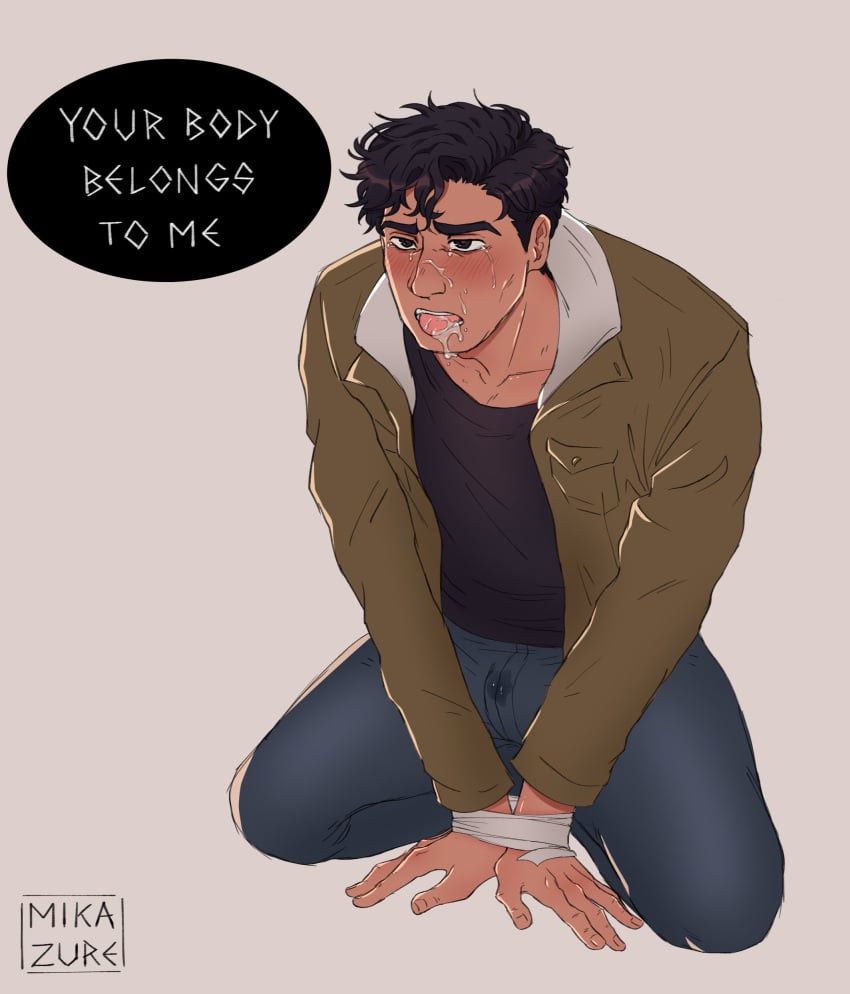 1boy black_hair brown_body brown_skin clothed cum cum_in_mouth gay male_focus male_only marc_spector marvel marvel_cinematic_universe marvel_comics mikazure moon_knight moon_knight_(series) open_mouth oscar_issac shirt text tied tied_arms yaoi