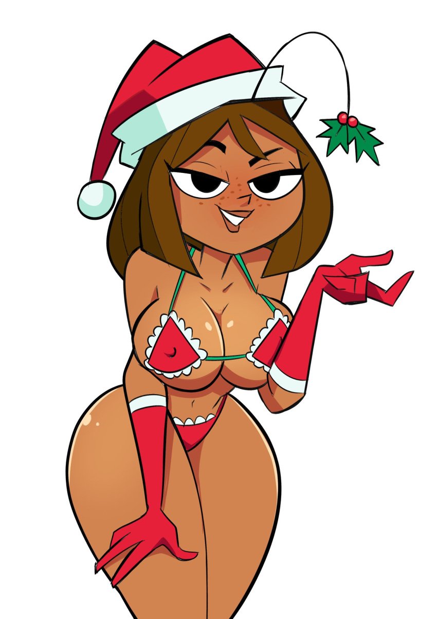 beckoning breasts brown_hair christmas codykins123 come_hither courtney_(tdi) curvaceous curvy dark-skinned_female dark_skin female female_only freckles hand_on_thigh hat looking_at_viewer mistletoe naughty_face nipple_bulge nipples_visible_through_clothing santa_hat seductive seductive_look short_hair smiling smiling_at_viewer solo thighs total_drama_island voluptuous