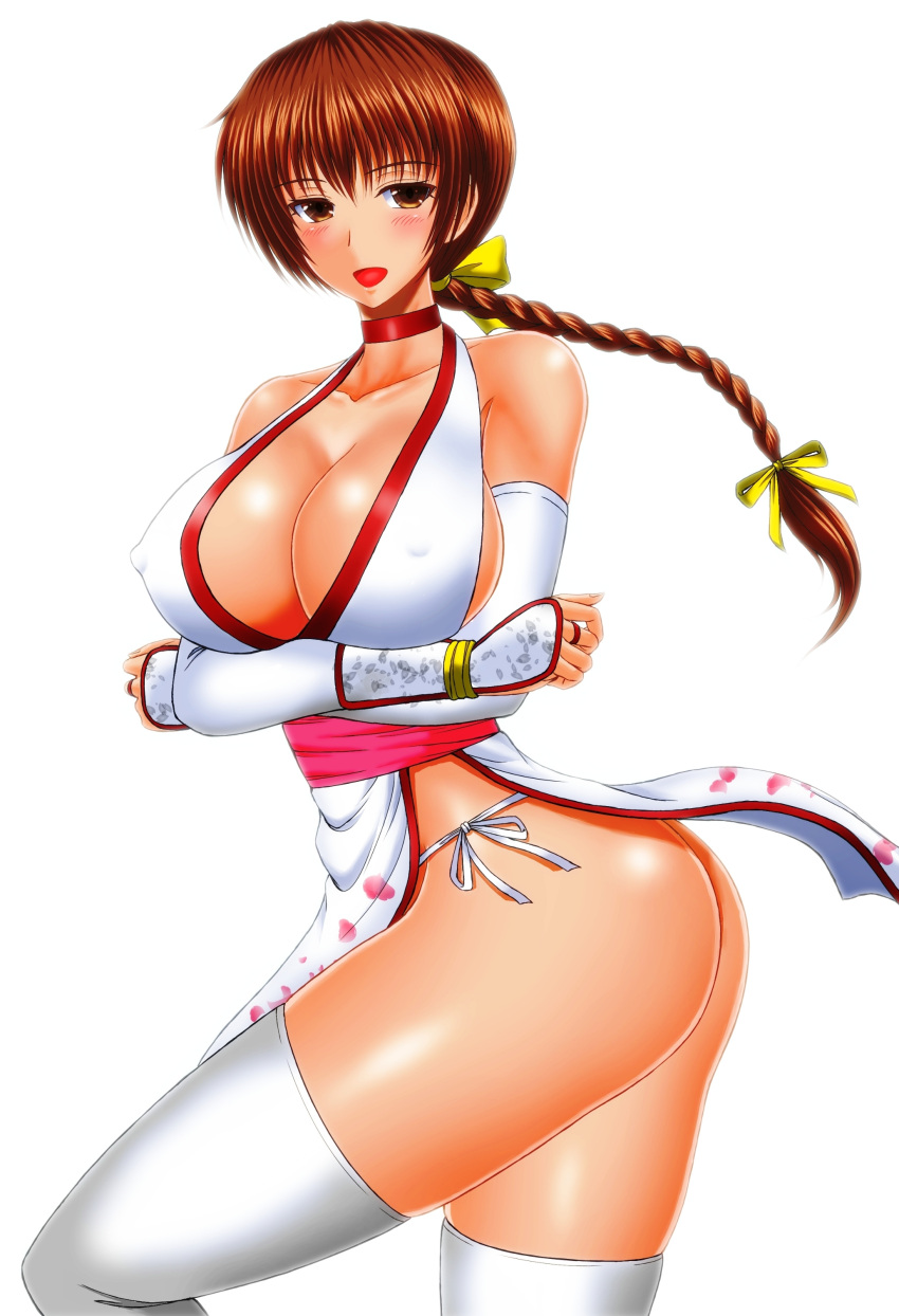 :d absurdres armor ass bare_shoulders big_sister blush bow braid breast_hold breasts brown_eyes brown_hair choker cleavage collarbone covered_erect_nipples cowboy_shot curvy dead_or_alive detached_sleeves female from_side hairbow highres hip_bones japanese_armor japanese_clothes kasumi_(doa) kirishima_goro_(55541) kote large_breasts long_hair looking_at_viewer looking_to_the_side matching_hair/eyes naughty_face no_bra no_panties onee-chan open_mouth sash single_braid smile solo thick_thighs thighhighs thighs white_background white_legwear yellow_bow