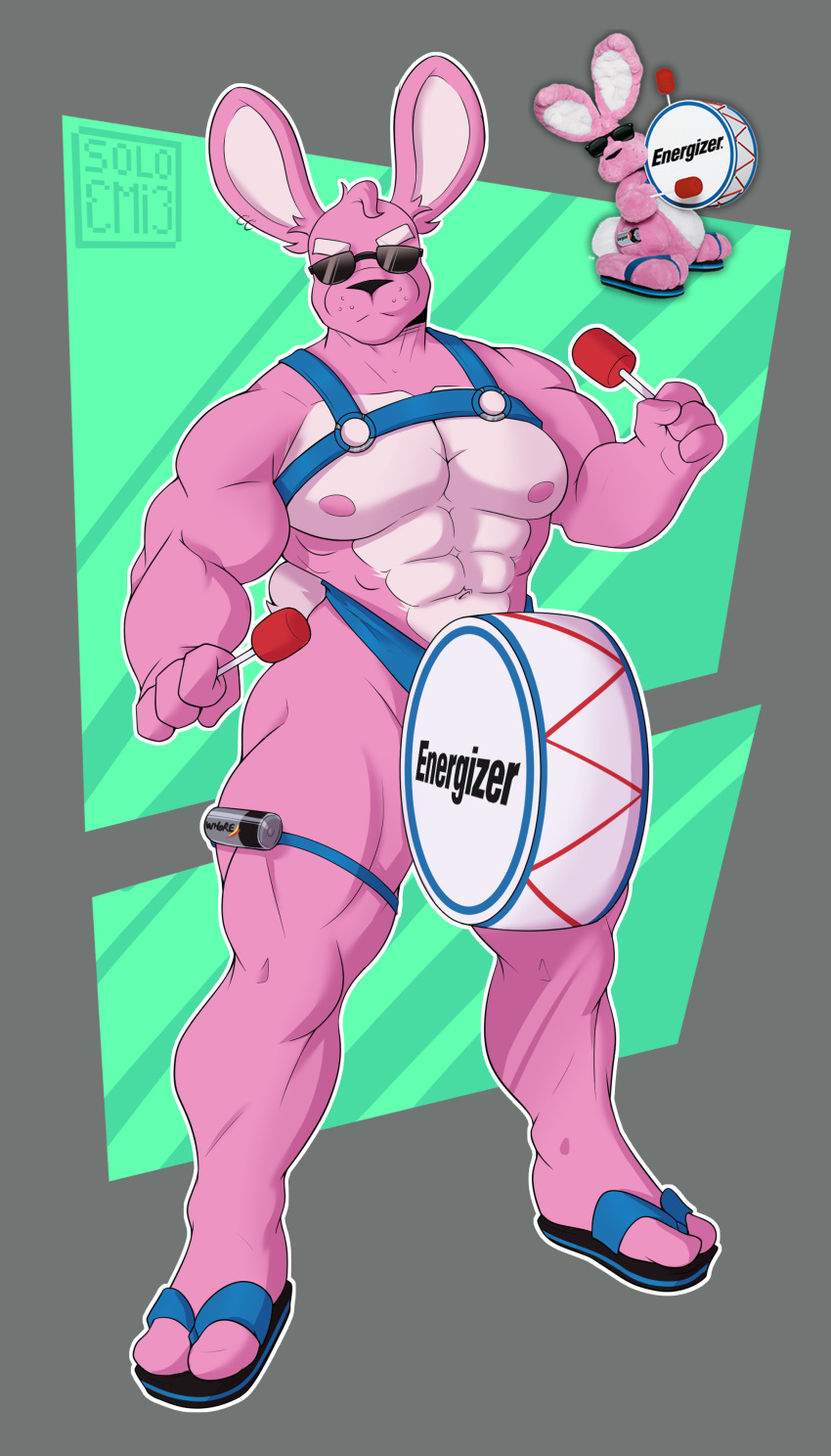 anthro bara bunny bunny_ears bunny_tail energizer energizer_bunny furry furry_only gay male male_focus male_only mammal muscular muscular_male pink_fur pink_hair pink_nipples rabbit soloemi_(artist) sunglasses