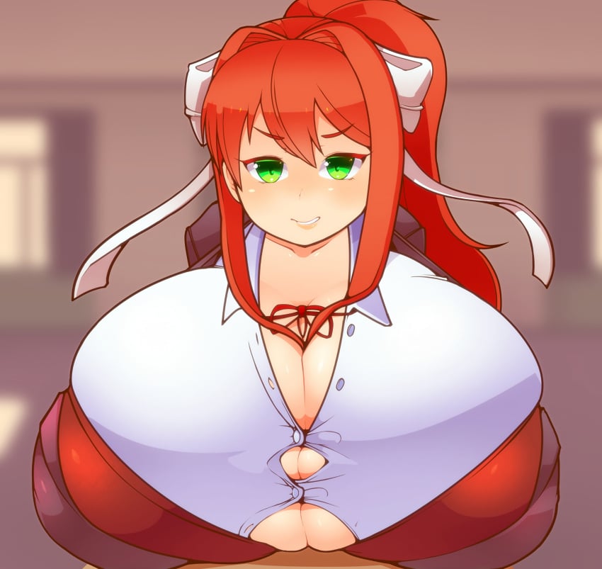 1girls big_breasts breasts_bigger_than_head bursting_breasts bursting_clothes doki_doki_literature_club enormous_breasts gigantic_breasts green_eyes grin huge_breasts just_monika long_hair looking_at_viewer massive_breasts monika_(doki_doki_literature_club) oukadan smug smug_grin tagme