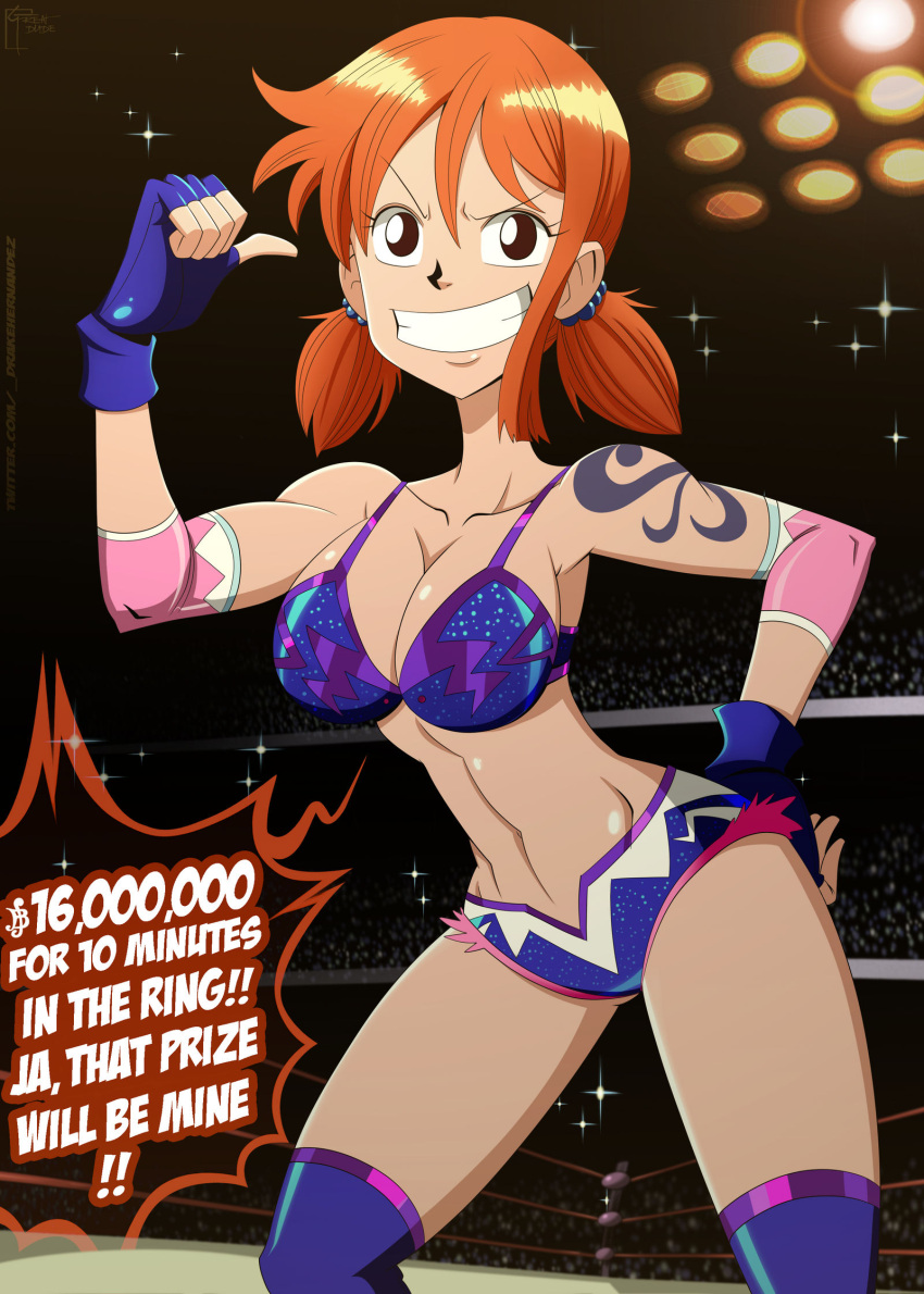 1girls arm_tattoo athletic_female big_breasts breasts confident female female_focus female_only great_dude hand_on_hip nami nami_(one_piece) navel one_piece orange_hair pre-timeskip short_hair smile solo tattoo thighhighs twintails wrestler wrestling wrestling_outfit wrestling_ring