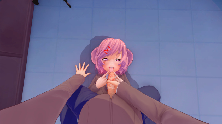 1boy 1boy1girl 1girls 1male 3d 3d_(artwork) closet clothed doki_doki_literature_club duo erection female gomgom hand_on_penis koikatsu male male/female masturbation natsuki_(doki_doki_literature_club) penis pink_hair pointing_at_mouth pov straight tongue_out