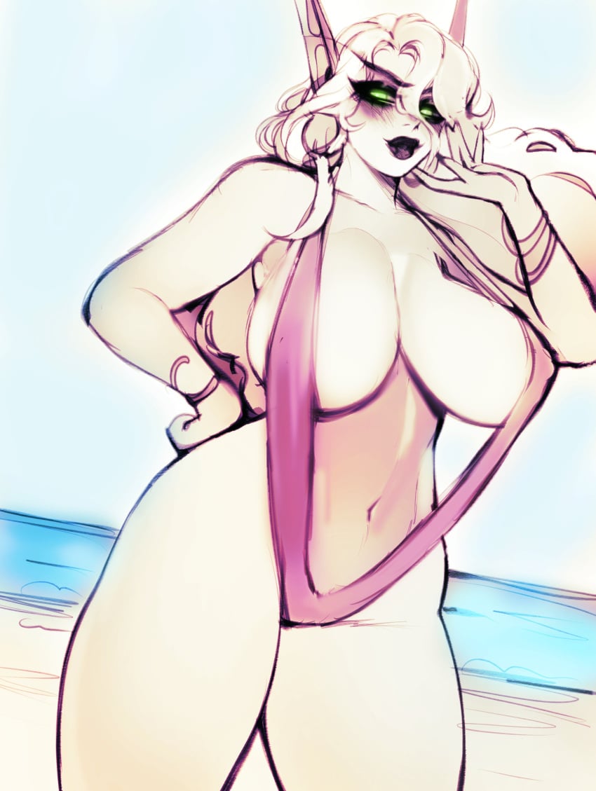 1girls absurd_res beach big_breasts blonde_hair blood_elf blood_elf_female blush female female_only green_eyes hand_on_hip horde_female jess_dayreaver lipstick long_ears long_hair looking_at_viewer narrowed_eyes nerocchi nnerocchi ocean outside pointy_ears seaside sketch sling_bikini solo solo_female thick_thighs warcraft world_of_warcraft