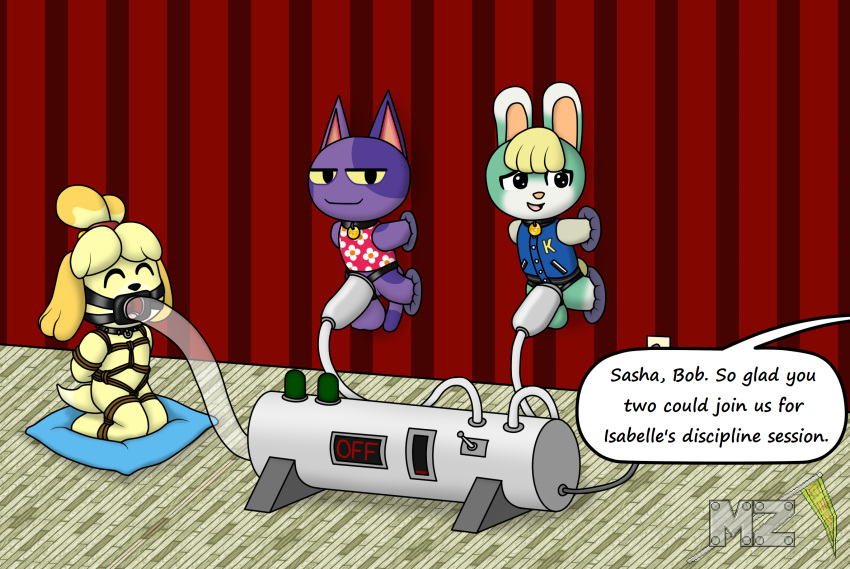 animal_crossing anthro arms_behind_back bob_(animal_crossing) bondage bound canid canine canis dialogue domestic_cat domestic_dog feeding_tube felid feline felis female femsub group hi_res isabelle_(animal_crossing) lagomorph leporid machine male male/female male_and_female_subs malesub mammal medical_instrument metalzaki_(artist) milking_machine multiple_boys multiple_subs nervous_smile nintendo offscreen_character penile penis_milking penis_milking_machine pillow rabbit restrained_arms restrained_legs restrained_to_wall restraints rope rope_bondage rope_harness sasha_(animal_crossing) scientific_instrument shih_tzu smug_grin toy_dog trio tube_gag video_games