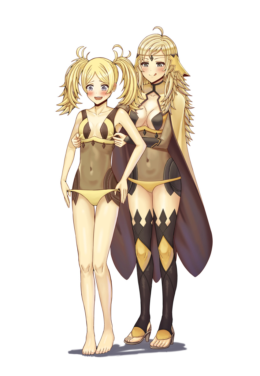 2girls :p adjusting_clothes alternate_costume bare_legs barefoot blonde_hair blue_eyes blush bodystocking breasts cosplay embarrassed female female_only fire_emblem fire_emblem_awakening fire_emblem_fates grandmother_and_granddaughter grey_eyes legs licking_lips lissa_(fire_emblem) long_hair medium_breasts medium_hair multiple_girls nintendo open_mouth ophelia_(fire_emblem) ophelia_(fire_emblem)_(cosplay) panties saikunartworks small_breasts smile twintails underwear yellow_panties