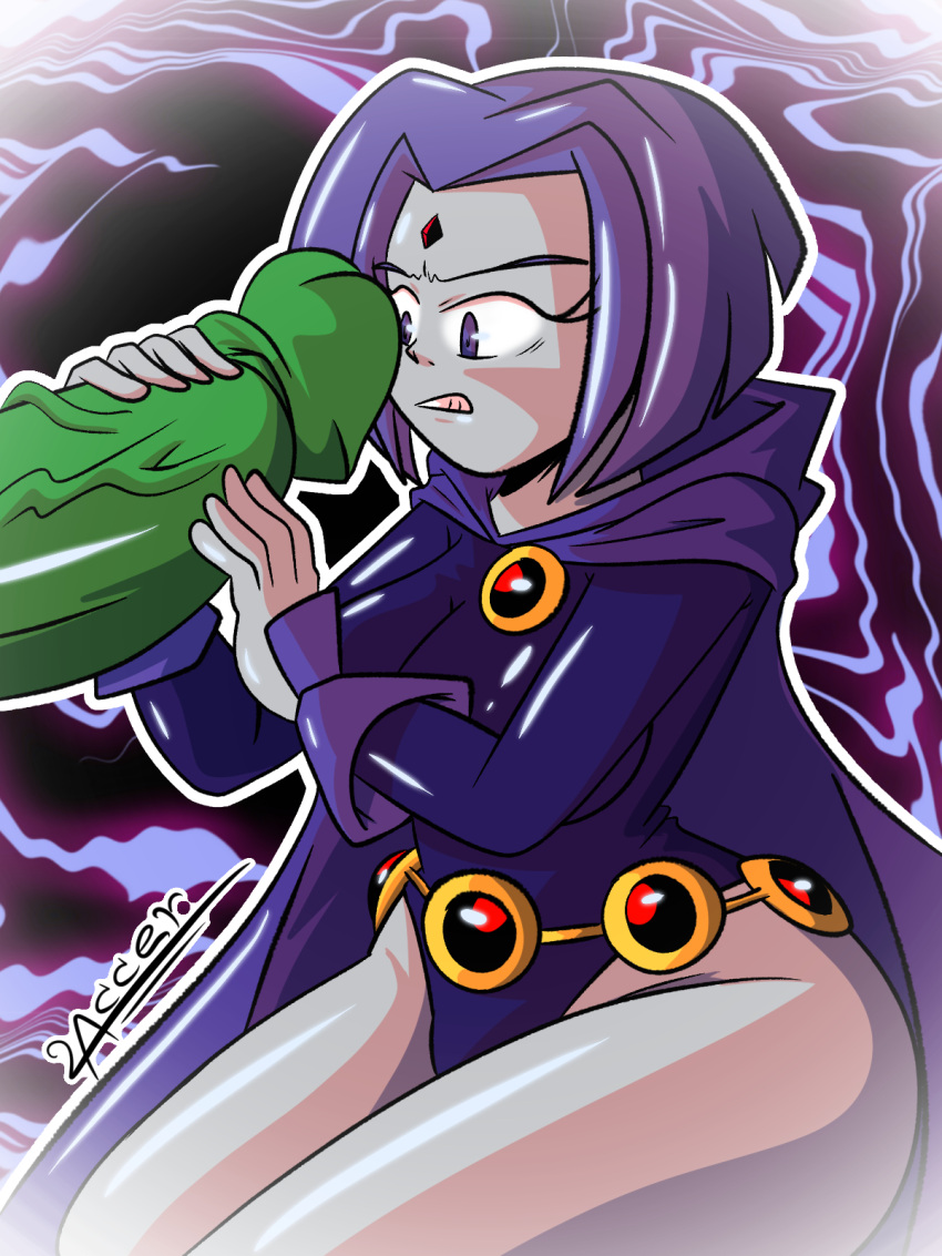 artlaccer_(artist) beast_boy big_breasts big_penis cape dc dc_comics goth goth_girl green_penis green_skin hands_on_penis huge_cock leotard purple_eyes purple_hair rachel_roth raven_(dc) scared scared_expression short_hair teen_titans veiny_penis