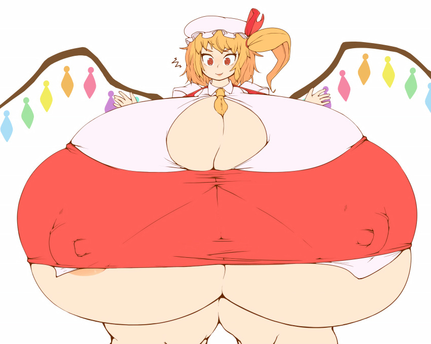 1girls breasts_bigger_than_body breasts_bigger_than_head breasts_bigger_than_torso enormous_breasts fat_thighs flandre_scarlet gigantic_breasts hyper hyper_breasts massive_breasts oukadan smile smiling tagme thick_thighs touhou underboob