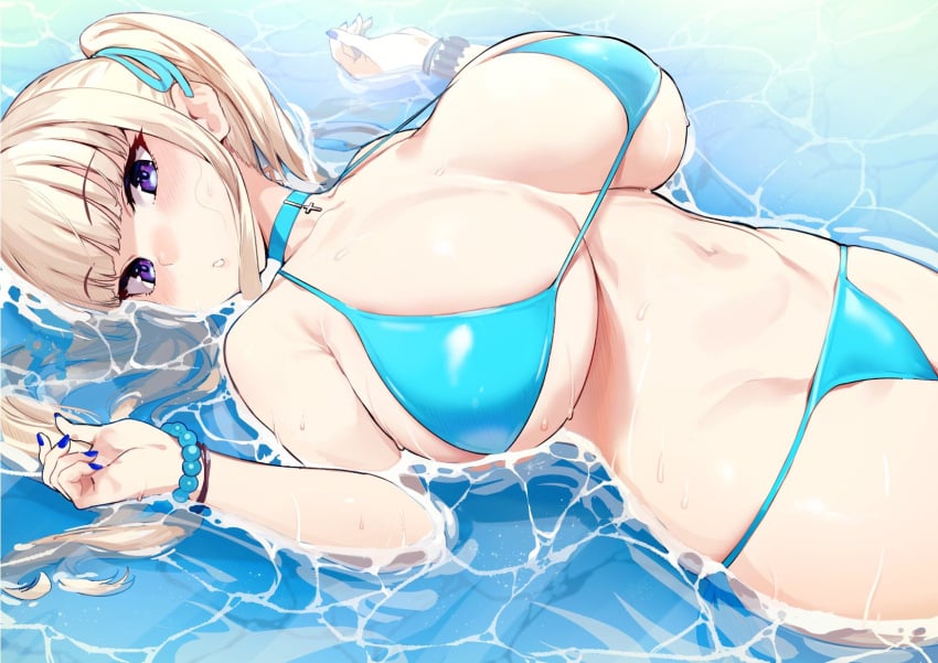 1girls :o bangs bare_shoulders bead_bracelet beads big_breasts bikini blonde_hair blue_bikini blue_nails blunt_bangs blush bracelet breasts breasts_day choker collarbone eyebrows_visible_through_hair female female_only hair_ribbon highres huge_breasts iku_(ikuchan_kaoru) jewelry light-skinned_female long_hair looking_at_viewer lying multicolored_skin nail_polish navel on_back original original_character partially_submerged purple_eyes ribbon sidelocks skindentation solo solo_female string_bikini swimsuit thighs twintails water wet