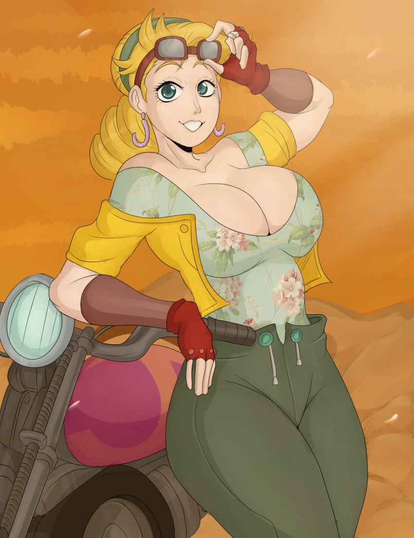 1girls 2019 battle_tendency big_breasts blonde_hair blue_eyes detnox female female_only fully_clothed gloves goggles goggles_on_forehead goggles_on_head green_clothing happy headband huge_breasts huge_butt jojo's_bizarre_adventure looking_at_viewer motorcycle smile smiling solo suzi_q tight_clothing tight_shirt voluptuous wide_hips