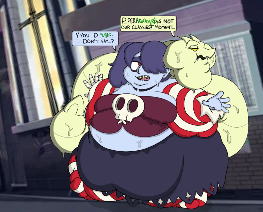 1girls bbw belch belching belly black_skirt burping colbob111 dialogue fat fat_zombie leviathan_(skullgirls) maroon_shirt obese obese_female purple_hair purple_skin red_eyes sequence skullgirls squigly stitched_mouth striped_legwear striped_sleeves sweat sweaty sweaty_body waddle waddling weight_gain yellow_eyes zombie_girl