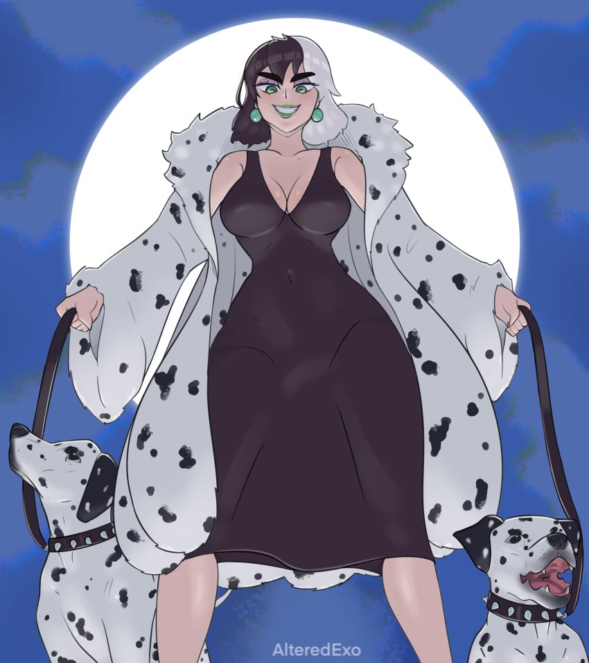 101_dalmatians 1girls alteredexo big_breasts black_and_white_hair cruella_de_vil disney dress female fur_coat green_eyes tagme