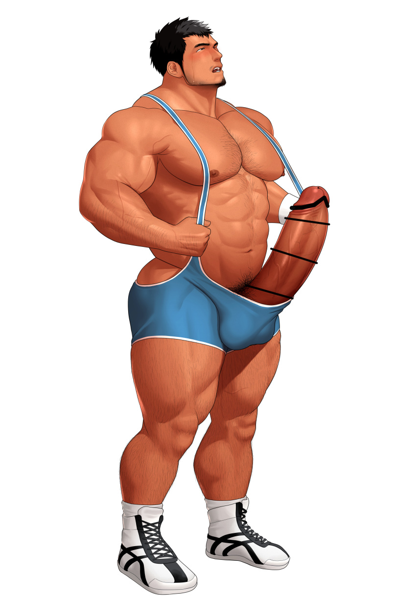 abs bar_censor bara beefy biceps big_penis black_hair blue_mankini blush bodybuilder boner censored chest_hair erection facial_hair foreskin goatee hairy hairy_arms hairy_legs hairy_male huge_cock human intact kuromine_hiraya male male_nipples male_only male_pubic_hair mankini muscle muscles muscular_arms muscular_ass muscular_back muscular_legs muscular_male muscular_thighs pecs penis penis_out pointless_censoring retracted_foreskin shoes singlet solo uncut veins veiny_penis wrestler wrestling yuatari