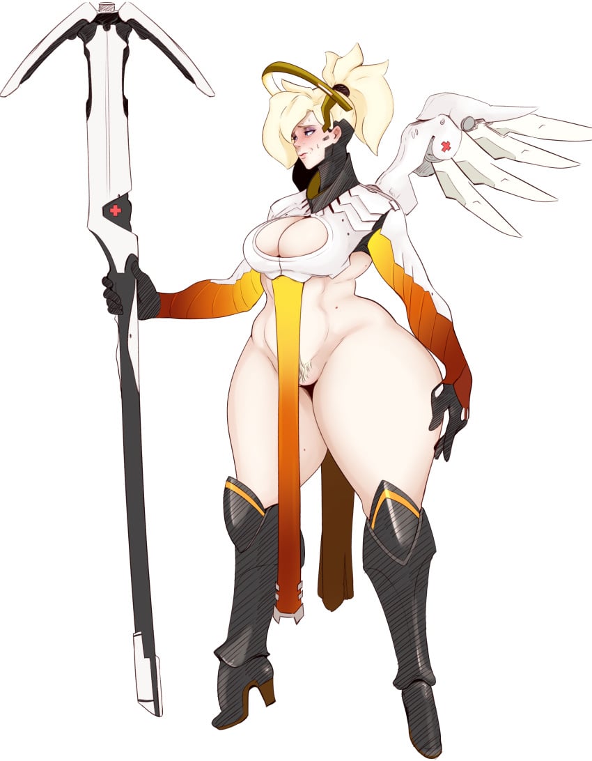 1girls adapted_costume ass barely_clothed big_ass big_breasts big_butt blush breasts cleavage embarrassed embarrassing_outfit female female_only high_heels highres hips huge_ass impossible_clothes large_breasts loincloth mercy overwatch precarious_clothing pubic_hair revealing_clothes skimpy solo sunnysundown thick_thighs wide_hips