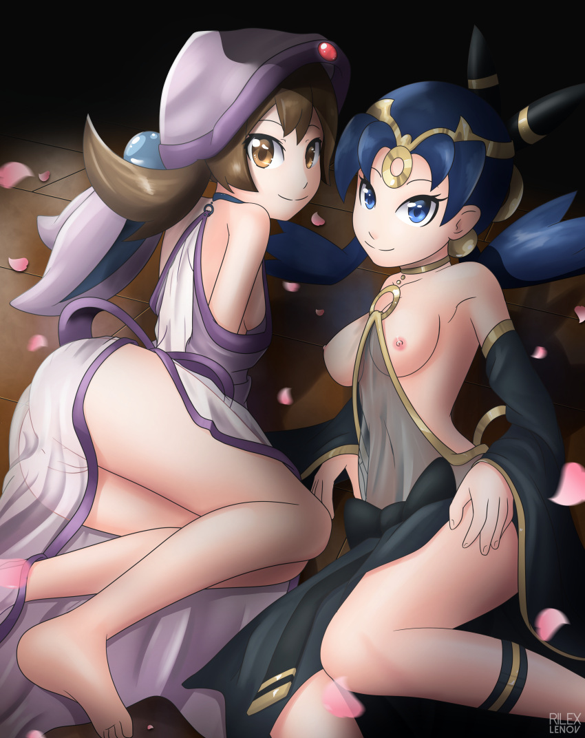 2girls blue_eyes blue_hair breasts brown_eyes brown_hair choker cosplay espeon_(cosplay) eyelashes female hood kris_(pokemon) legband looking_at_viewer lyra_(pokemon) multiple_girls nintendo petals pokemon pokemon_(cosplay) pokemon_gsc pussy rilex_lenov see-through smile tiara umbreon_(cosplay)