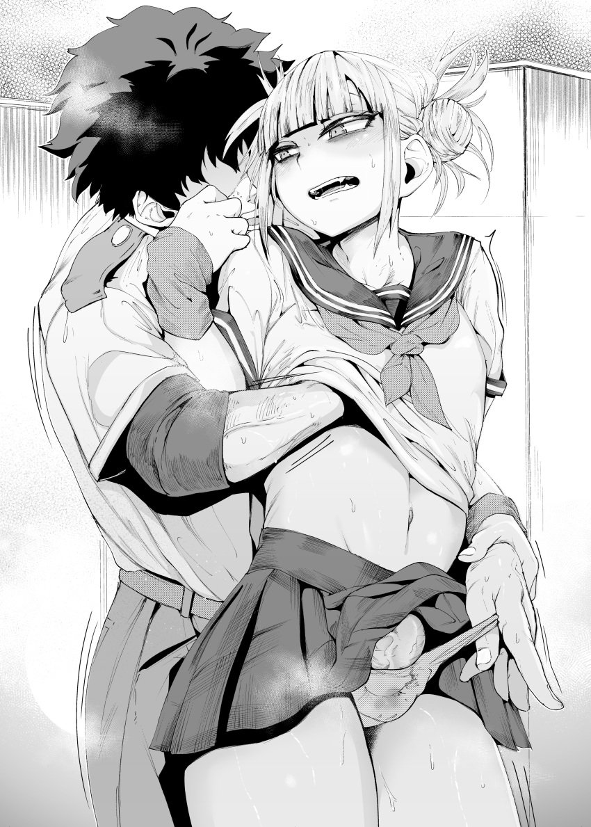 2boys balls censored censored_penis clothed clothing de7ta9 delta_9 erection femboy feminine_male himiko_toga human izuku_midoriya looking_at_viewer looking_back male male_only monochrome my_hero_academia penis precum precum_drip rule_63 spread_anus taint testicles tongue_out yaoi