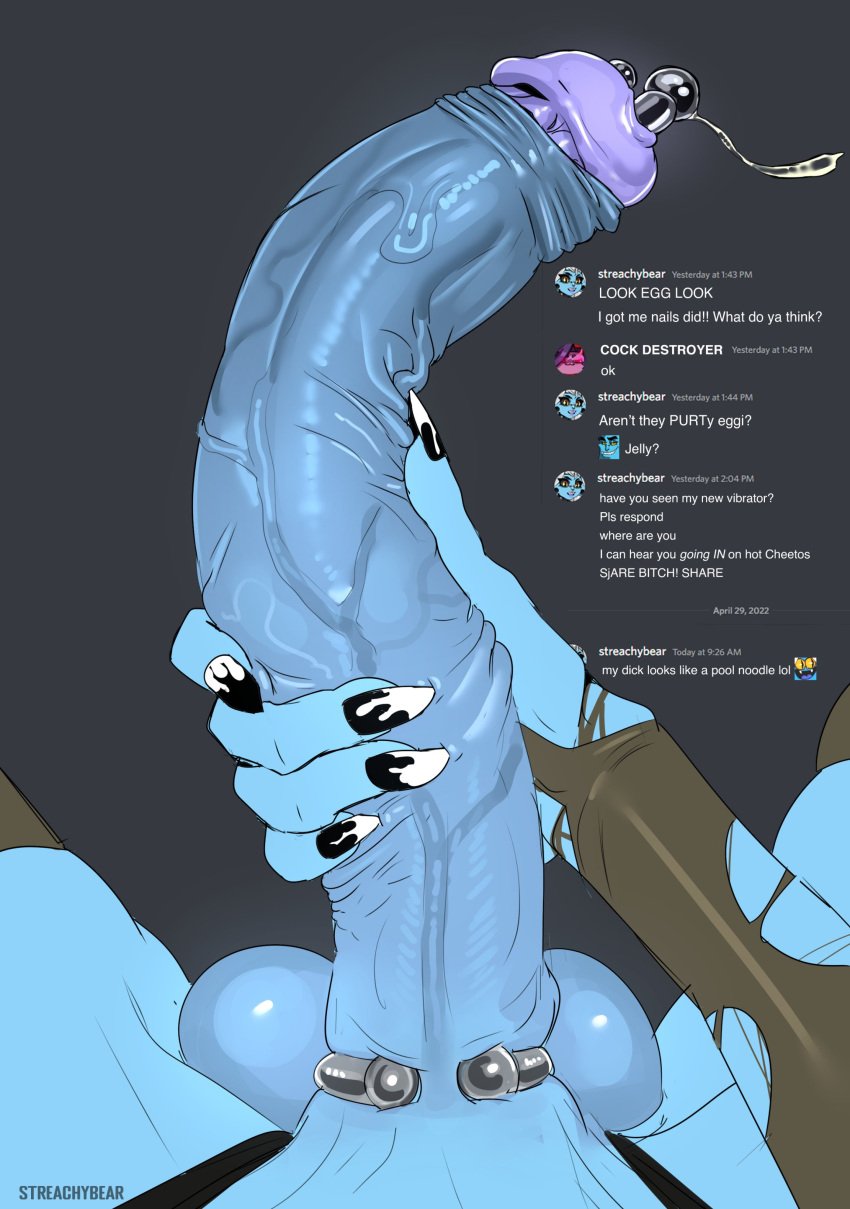 1futa balls balls_between_thighs big_balls blue_oni_(streachybear) blue_skin cock_ring demon dick_pic futa_only futa_urethral_insertion futanari high-angle_view huge_cock humanoid humanoid_penis long_penis nude original penis penis_to_the_knees precum selfie solo streachybear tagme text text_message texting urethral_insertion