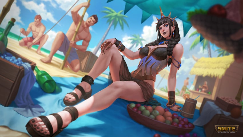 1girls absurd_res arthurian_legends bangs beach beauty_mark black_hair black_lipstick black_nails blue_eyes braided_hair crown feet goth highres lipstick medium_breasts morgan_le_fay_(smite) nail_polish official_art one-piece_swimsuit painted_nails pale_skin sandals smite summer_eclipse_morgan_le_fay twin_braids