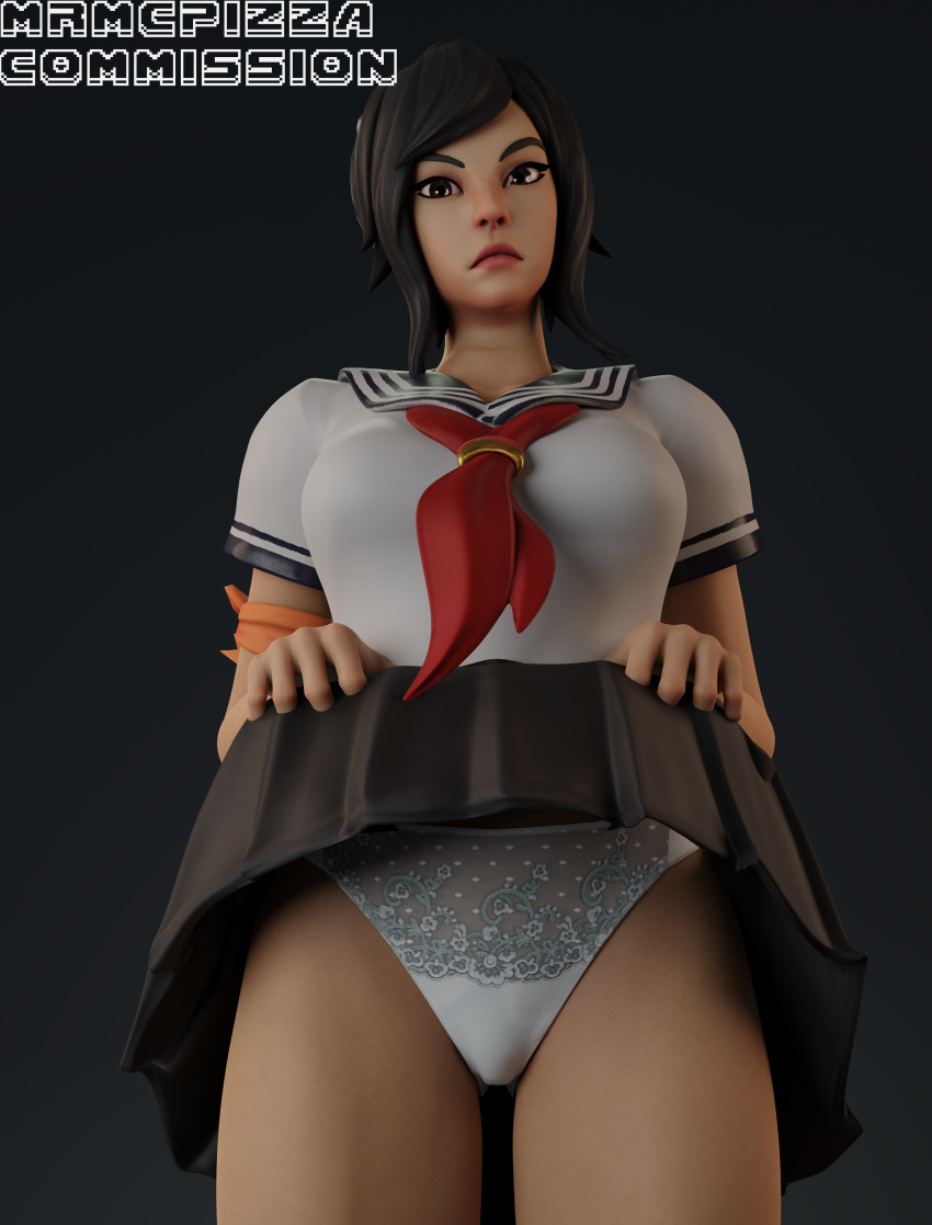 3d 3d_(artwork) angry angry_face asian asian_female clothed fortnite holding_up_skirt mrmcpizza panties tsuki_(fortnite) upskirt