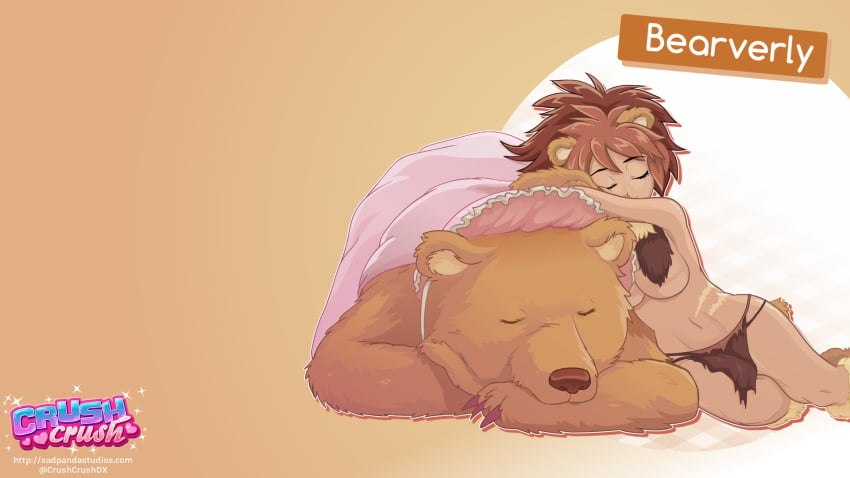 1girls accurate_art_style animal_humanoid bear bear_ears bear_girl bearverly_(crush_crush) brown_hair claws closed_eyes crush_crush female female_focus female_only messy_hair pinup sad_panda_studios scar simple_background sleeping wallpaper