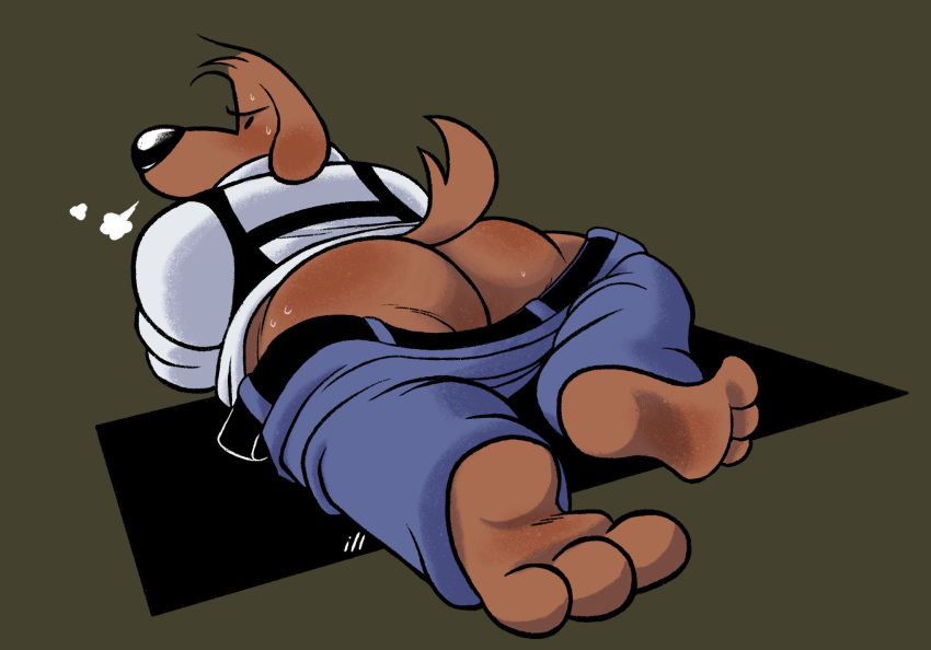 anthro ass blush bodily_fluids bottomwear bottomwear_down clothed clothing feet hi_res illindicator male male_only pants pants_down partially_clothed sam_and_max samuel_dog shirt simple_background solo sweat toes topwear