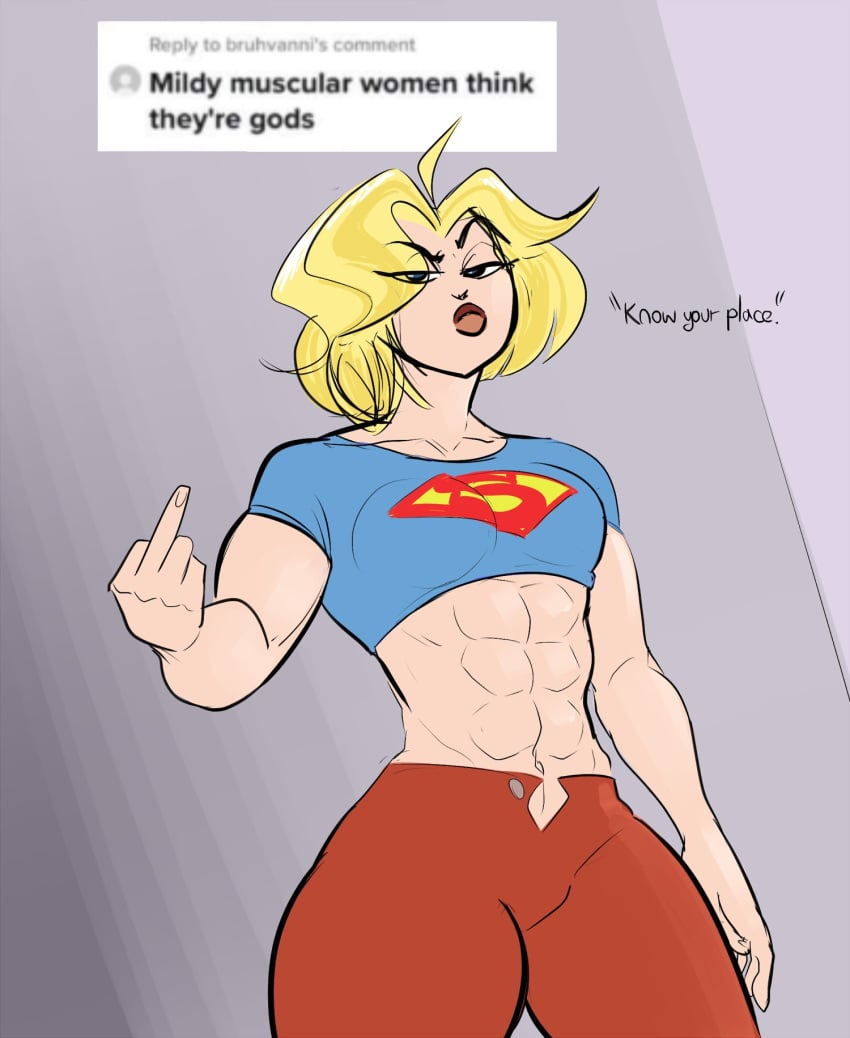 1girls abs blonde_hair blue_eyes breasts characterful dc dc_comics dc_super_hero_girls female female_only flipping_off kara_danvers kara_zor-el know_your_place kryptonian light-skinned_female looking_at_viewer low-angle_view meme middle_finger mildly_muscular_woman muscular_female navel short_hair solo supergirl superheroine superman_(series) thick_lips thick_thighs tiktok unbuttoned_pants vlado wide_hips