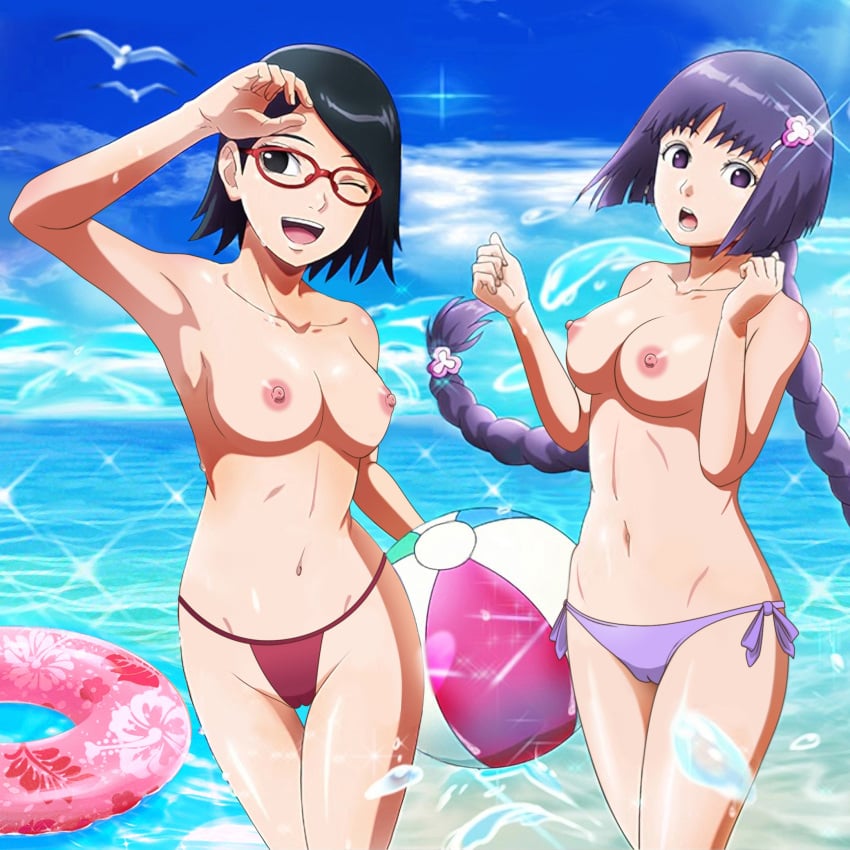 2girls accurate_art_style bare_arms bare_breasts bare_chest bare_legs bare_midriff bare_shoulders bare_thighs beach_ball bikini bikini_bottom black_hair borusumi boruto:_naruto_next_generations braid breasts cameltoe edit exhibitionism exposed_breasts female female_only flashing floater functionally_nude innie_pussy kakei_sumire light_particles long_hair mostly_nude multiple_females multiple_girls naruto naruto_(series) nipples nude_filter ocean official_art one_eye_closed outdoors public_nudity purple_hair pussy sarada_uchiha side-tie_bikini skimpy skimpy_bikini small_but_busty soaked teenage_girl teenager topless very_long_hair wet wet_body wet_skin young younger_female