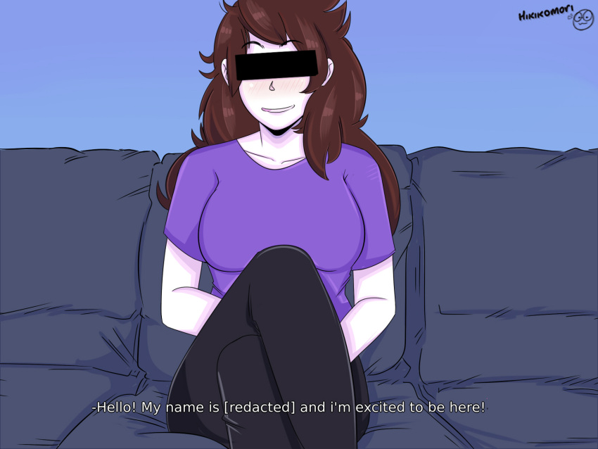 1girls 2021 big_breasts black_pants blush blushing_at_viewer censor_bar censored couch female_only front_view fully_clothed hikikomori indoors jaiden jaiden_animations long_hair shirt signature sitting solo solo_female solo_focus subtitled text youtube