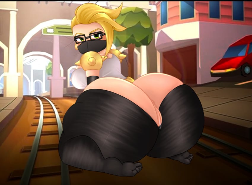 ass_cleavage ass_focus ass_window backboob big_ass big_breasts black_thighhighs blonde_hair buildings butt_crack car clothed day feet female female_only glasses green_eyes huge_ass masked no_underwear public public_nudity shirt shoulder_armor spiky_hair subway subway_surfers super_runner_tricky thighhighs toes train_tracks tricky_(subway_surfers) vagina white_shirt white_skin