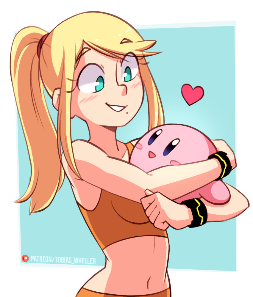 1boy 1girls 2022 belly belly_button blush bracelet casual_outfit_(metroid) cleavage crop_top crossover duo eyebrows_visible_through_hair face_on_breasts friends fully_clothed heart hugging kirby kirby_(series) long_hair looking_at_another metroid nintendo patreon ponytail samus_aran shoulders signature standing tobias_wheller tomboy torso wholesome zero_suit_samus