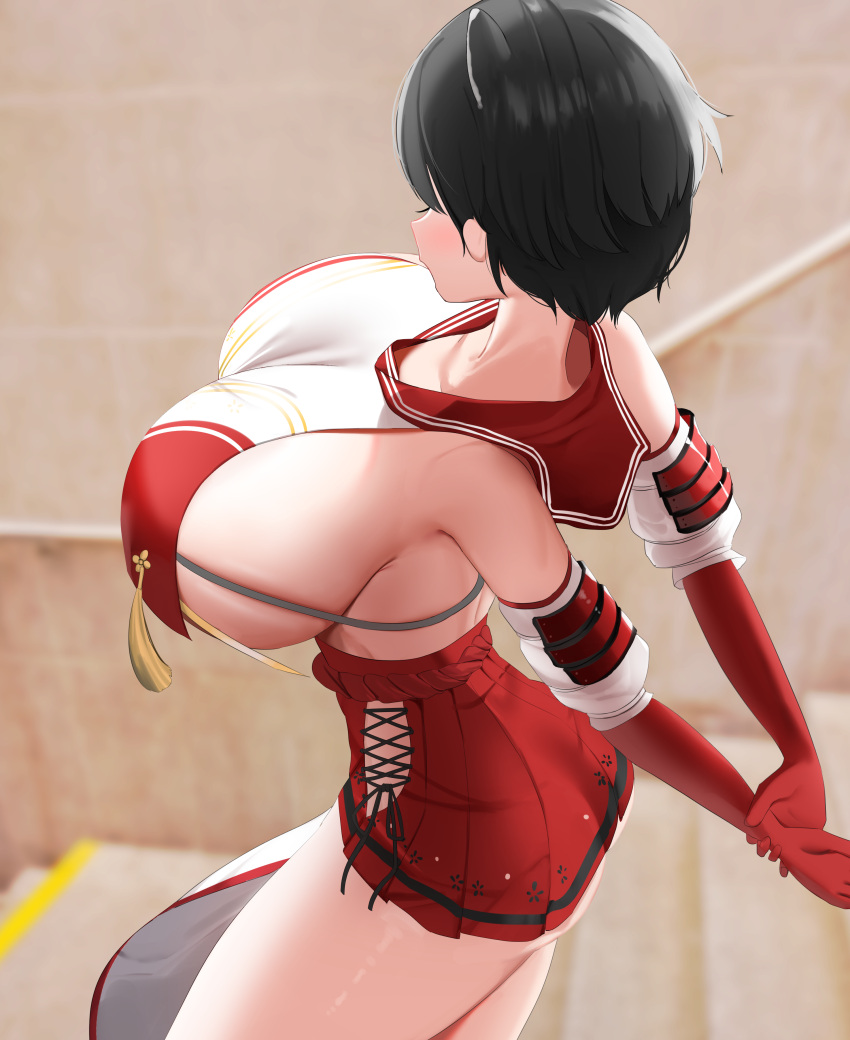 animal_ears back big_breasts black_hair blue_archive busty gloves hakama_skirt huge_breasts light-skinned_female light_skin long_gloves nicorima pleated_skirt short_hair sideboob skindentation solo solo_female stairs tsubaki_(blue_archive) very_short_hair